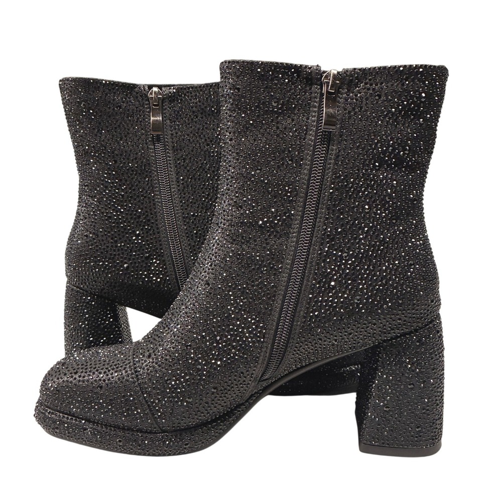 Findvell Rhinestone Chunky Block Heel Ankle Boots Womens Size 9 Black Sparkly